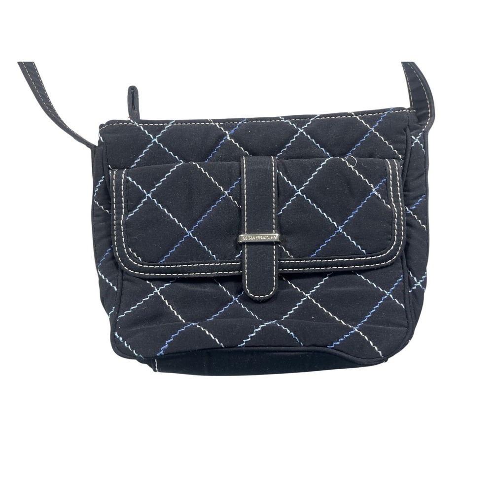 Vera Bradley Black Quilted Crossbody Shoulder Bag Blue Cream Stitching Purse